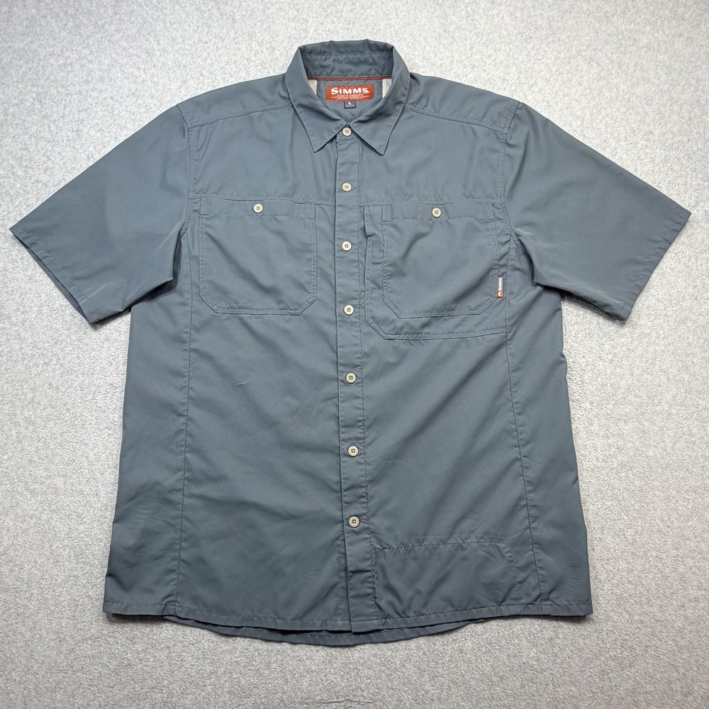 Simms Shirt Mens Large Gray Short Sleeve Button Front Fishing Vented Outdoor